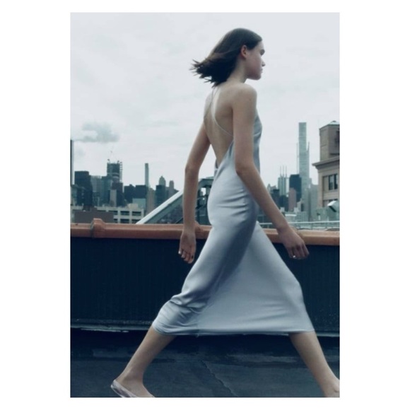ZARA Light Blue Open Back Satin Midi Slip Dress Medium Blogger Favorite NWT Sexy - Picture 4 of 8